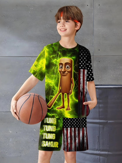 2025 New Fashion AI Games TungTungTung Sahur Design T-shirt+Shorts Summer Clothing Set Sports Suit T-Shirt & Pants Baby Outfits