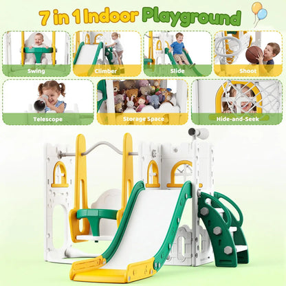 7 in 1 Toddler Slide And Swing Set Indoor Outdoor Kids Playground Climber Basketball Hoop Telescope Castle Playhouse For Ages 1+