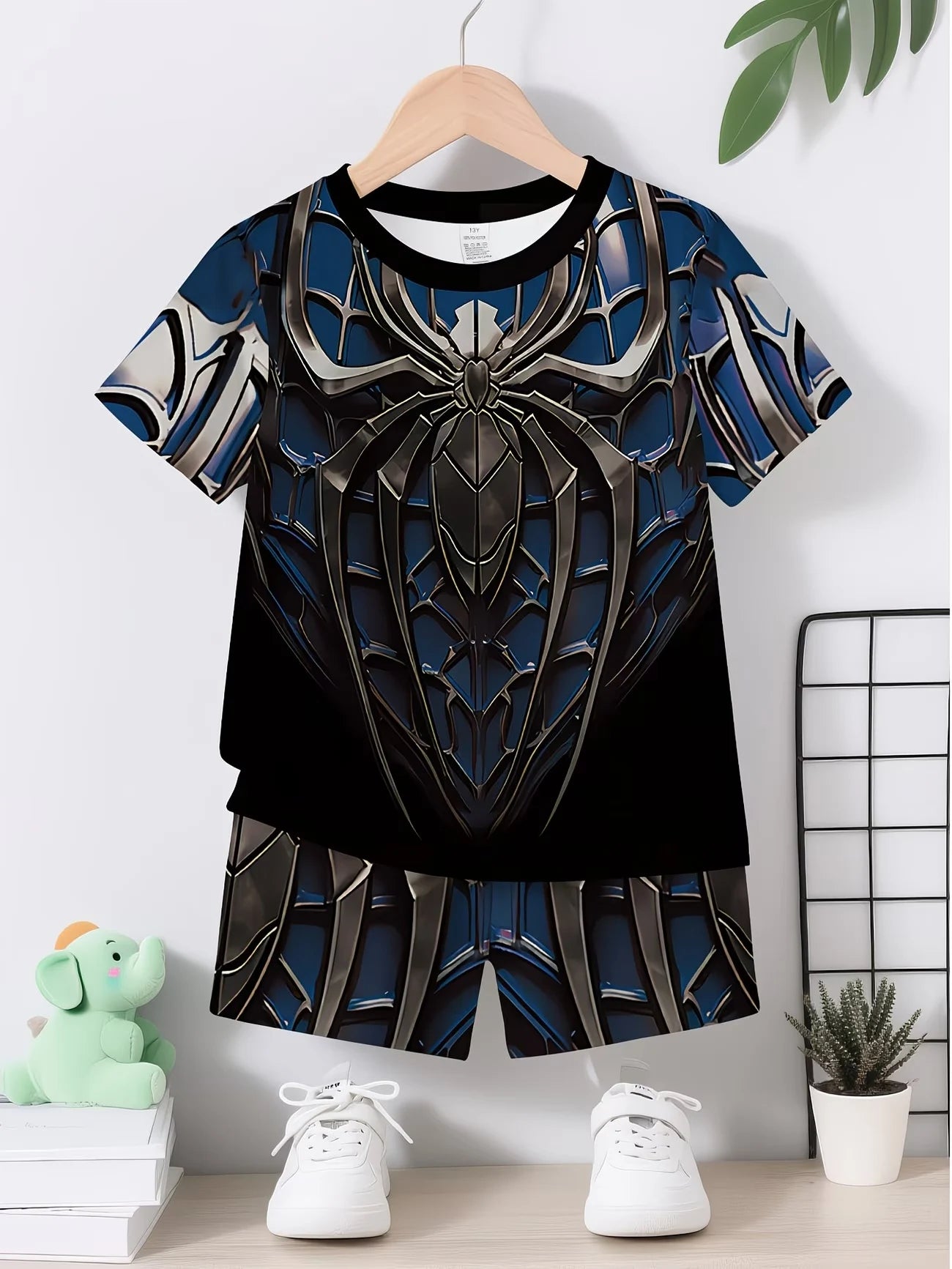 Boys 2Pcs Summer Outfit Spider Print Short Sleeve T-Shirt + Shorts Set Red Blue Casual Sportswear Kids Streetwear Tracksuit