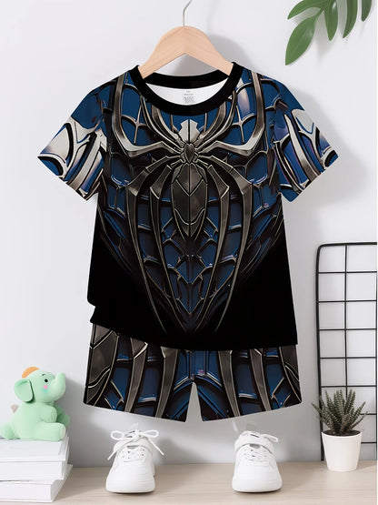 Boys 2Pcs Summer Outfit Spider Print Short Sleeve T-Shirt + Shorts Set Red Blue Casual Sportswear Kids Streetwear Tracksuit