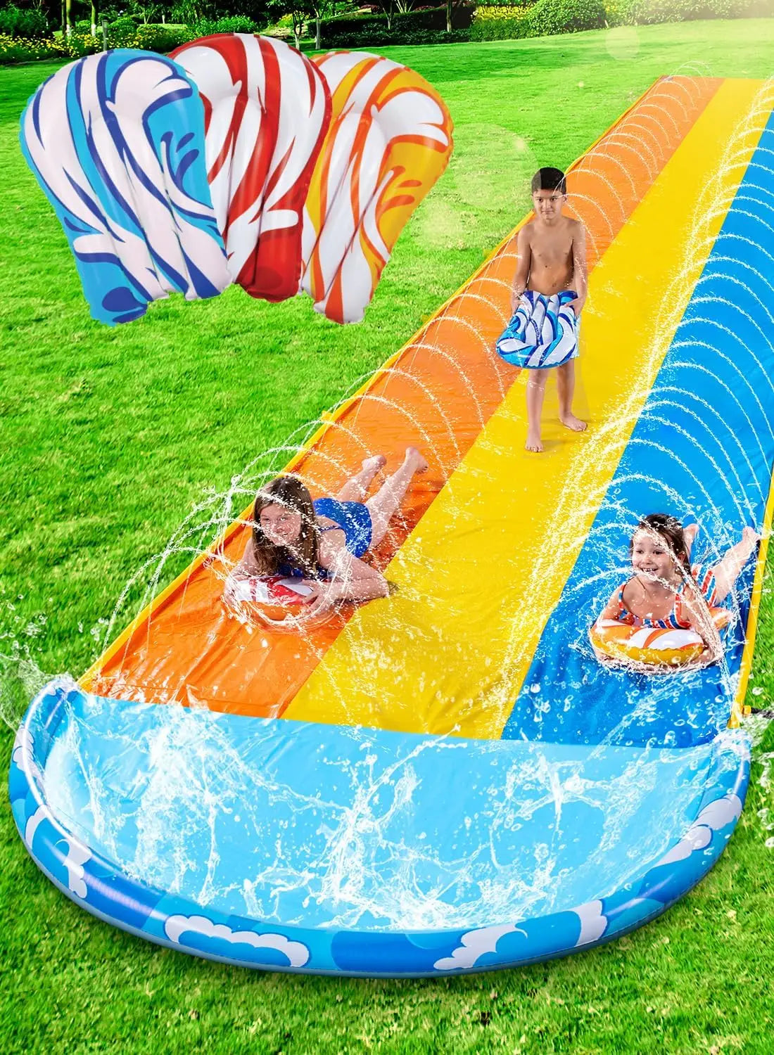 Joyfy 22.5FT Triple Lane Lawn Water Slide with 3 Body Boards for Kids, Adults & Summer Parties