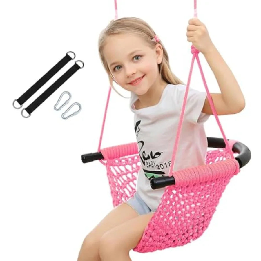 Hand-Knitting Toddler Swing for Indoor, Outdoor, Playground, Tree Use; Cotton Rope; Pink; 440 lbs Capacity, Adjustable Heavy Du