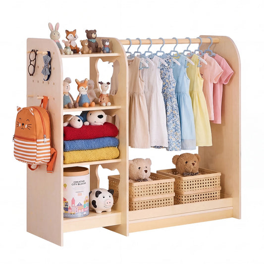 SucceBuy Kids Wooden Dress Up Storage with Mirror Kids Dress Up Rack Toddler Wardrobe Closet Storage Armoire for Girls Bedroom