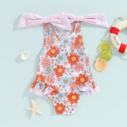 2024-01-17 Lioraitiin Toddler Baby Girl  Swimsuit Floral Romper Baby Beach Swimwear Swimming Ruffle Summer Bathing Suit Sunset