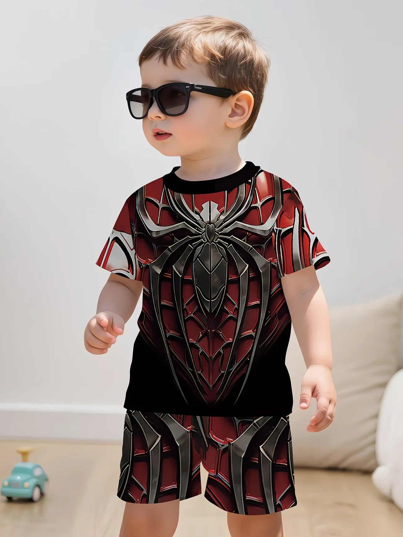 Boys 2Pcs Summer Outfit Spider Print Short Sleeve T-Shirt + Shorts Set Red Blue Casual Sportswear Kids Streetwear Tracksuit
