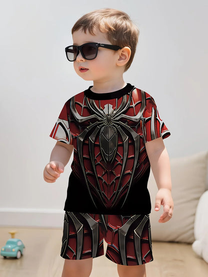 Boys 2Pcs Summer Outfit Spider Print Short Sleeve T-Shirt + Shorts Set Red Blue Casual Sportswear Kids Streetwear Tracksuit