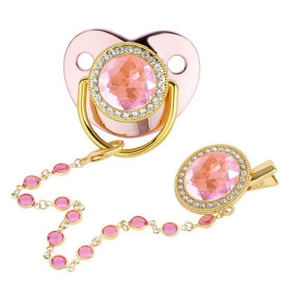 Luxury Zircon Baby Pacifier with Crystal Bead Chain Clip, Cover and Silicone Soother for Newborns