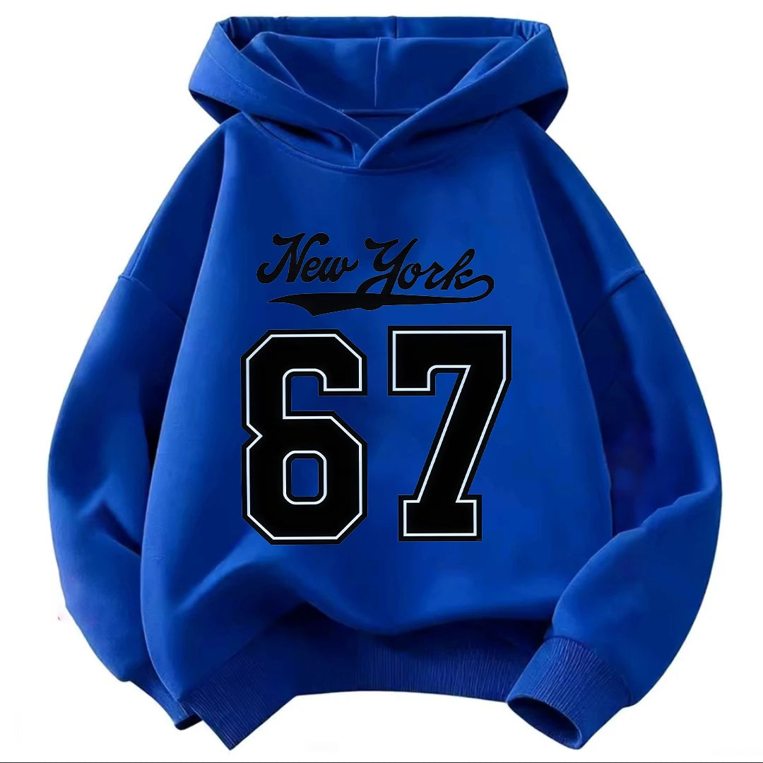 Children Hooded Sweatshirt New York Cursive & 67 Outline Number Print Loose Fit Kids Hoodie for 2-12 Years Boys Girls Tops