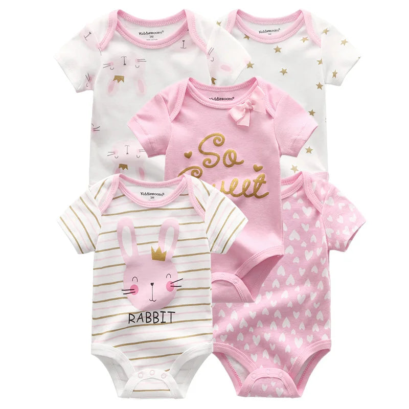 Kiddiezoom Summer 5 Piece Fashion Cartoon Boys and Girls Bodysuits 100% Cotton Soft Newborn Bodysuit Set