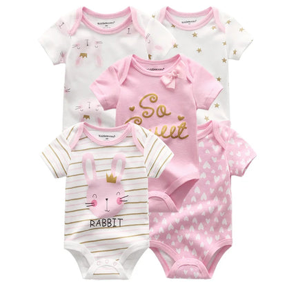 Kiddiezoom Summer 5 Piece Fashion Cartoon Boys and Girls Bodysuits 100% Cotton Soft Newborn Bodysuit Set