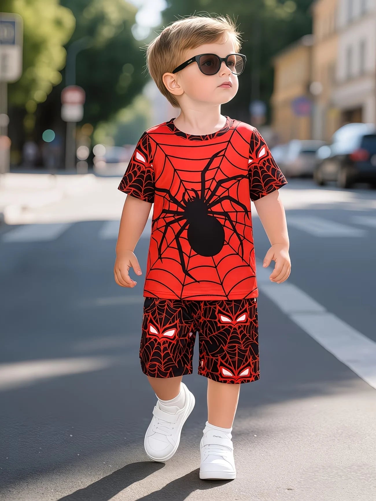 Boys 2Pcs Summer Outfit Spider Print Short Sleeve T-Shirt + Shorts Set Red Blue Casual Sportswear Kids Streetwear Tracksuit