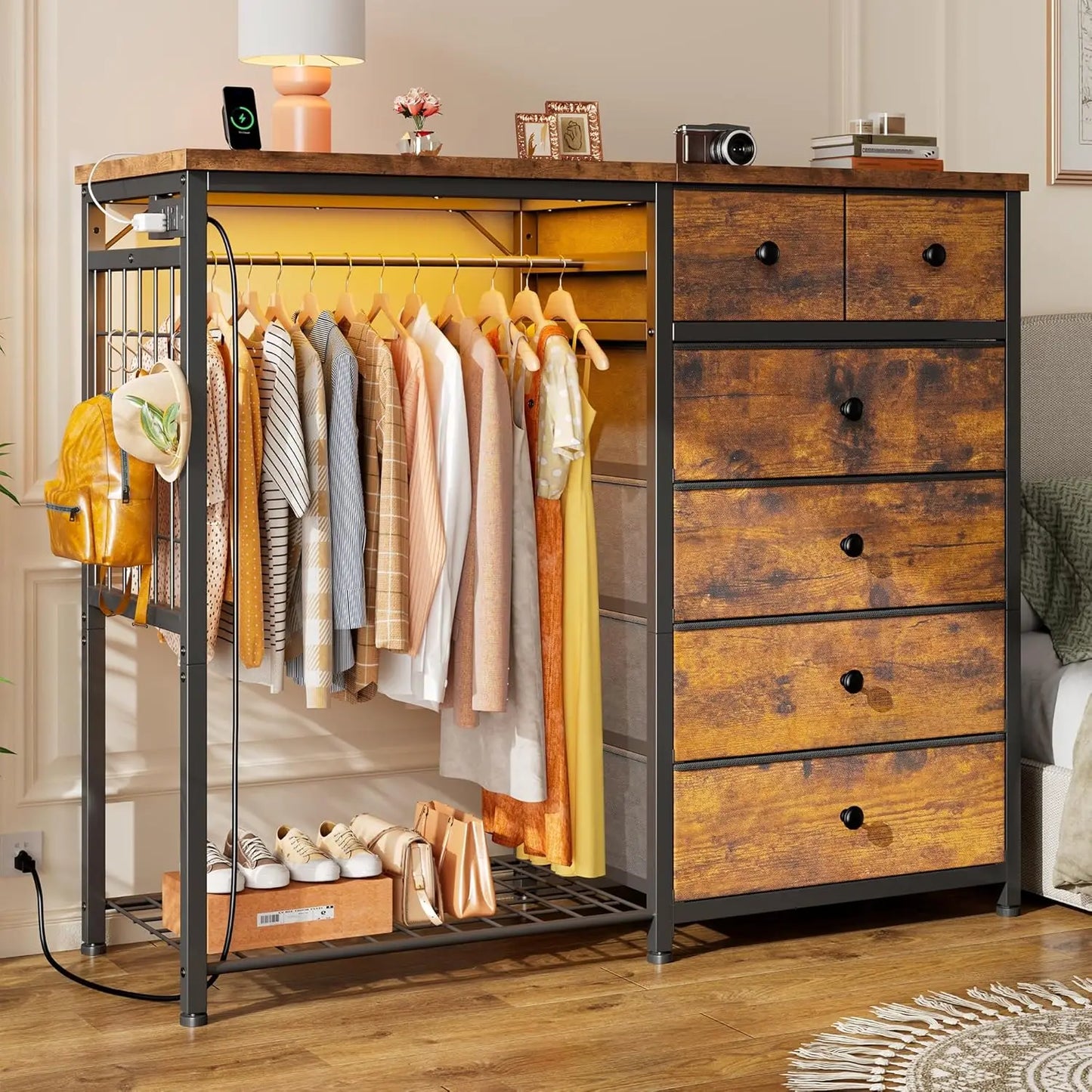 49.2" W White Dresser for Bedroom with Hanging Rack, 6 Drawers Dresser with LED Lights & Charging Station, Fabric, Customized