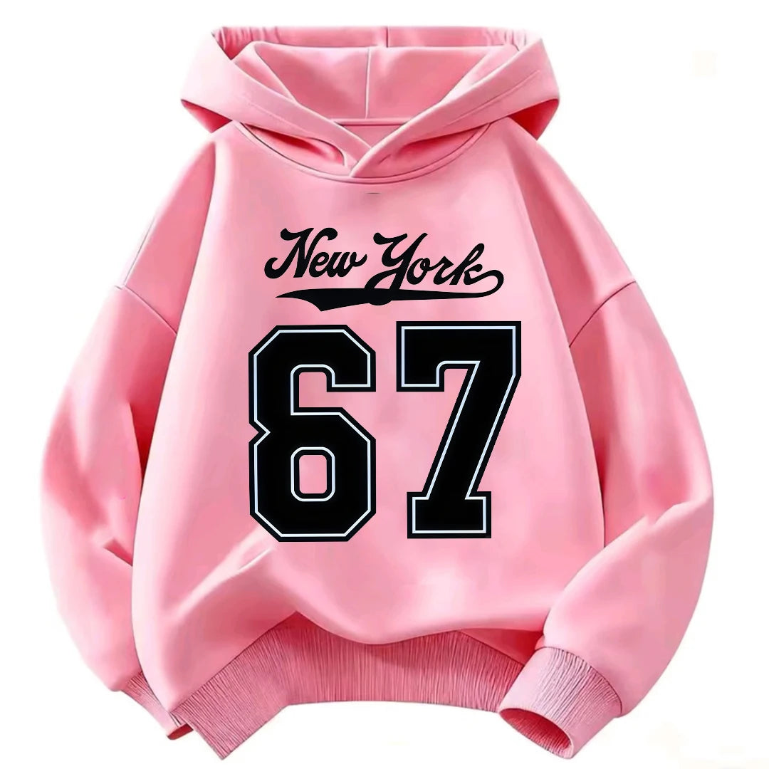 Children Hooded Sweatshirt New York Cursive & 67 Outline Number Print Loose Fit Kids Hoodie for 2-12 Years Boys Girls Tops