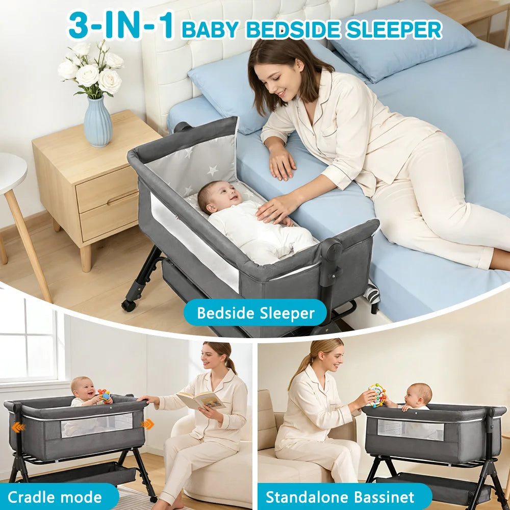 Baby Bassinet Bedside Sleeper, Portable Newborn Bassinet for Baby, Bedside Crib with 360° Visible Breathable Mesh Window