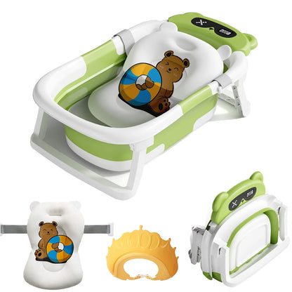 Baby Bath Tub with Bath Cushion Foldable Bathtub with Thermometer Shower Cap Shower Brush for Newborn and Toddler 0-36 Months