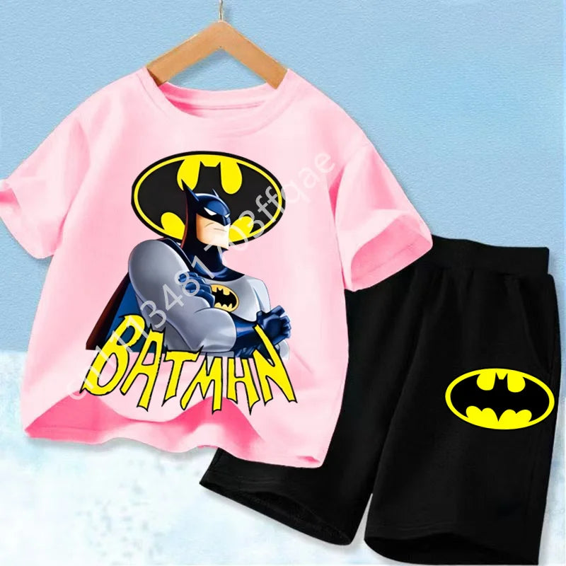 Summer Short Sleeved Street Wear Girl T-shirt Shorts Casual Top 2026 New Classic Batman&Superman Printed Boys Suit T-shirt