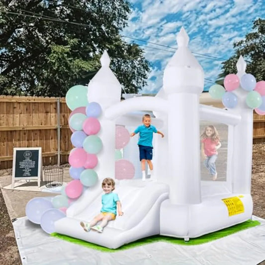 White Inflatable Bounce House with Ground Cover Mat and Air Blower for Toddlers & Kids Ages 3–10