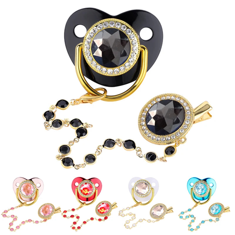 Luxury Zircon Baby Pacifier with Crystal Bead Chain Clip, Cover and Silicone Soother for Newborns