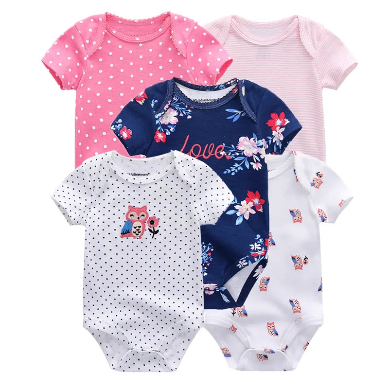 Kiddiezoom Summer 5 Piece Fashion Cartoon Boys and Girls Bodysuits 100% Cotton Soft Newborn Bodysuit Set