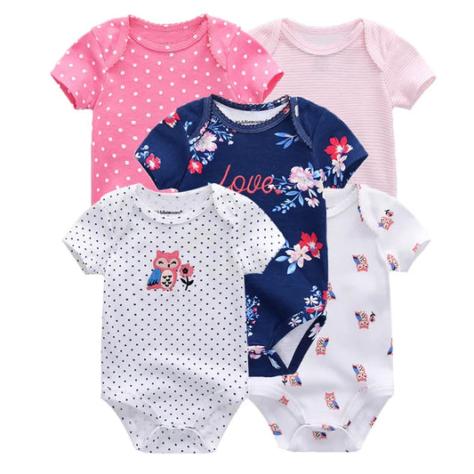 Kiddiezoom Summer 5 Piece Fashion Cartoon Boys and Girls Bodysuits 100% Cotton Soft Newborn Bodysuit Set