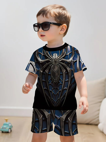 Boys 2Pcs Summer Outfit Spider Print Short Sleeve T-Shirt + Shorts Set Red Blue Casual Sportswear Kids Streetwear Tracksuit