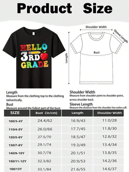 Young Boy's/Girls 'Hello 3rd Grade Cotton Graphic Tees, Back To School Clothes Girls, Black Summer Tops With Colorful School The