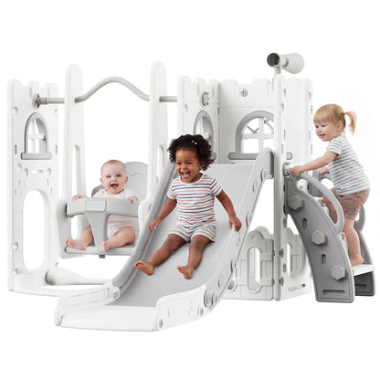 7 in 1 Toddler Slide And Swing Set Indoor Outdoor Kids Playground Climber Basketball Hoop Telescope Castle Playhouse For Ages 1+