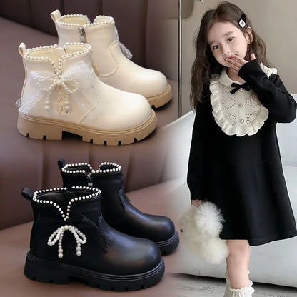 Princess Style Leather Boots for Girls 2025 New Autumn Kids Ankle Boots with Beaded Bow Soft Sole Classic Christmas Party Boots