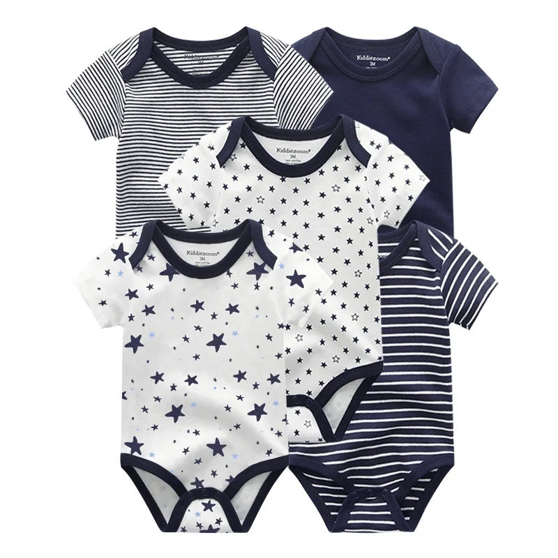Kiddiezoom Summer 5 Piece Fashion Cartoon Boys and Girls Bodysuits 100% Cotton Soft Newborn Bodysuit Set
