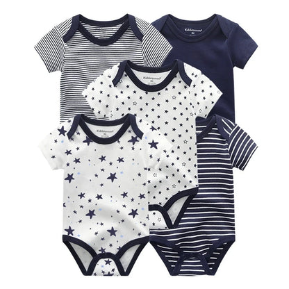 Kiddiezoom Summer 5 Piece Fashion Cartoon Boys and Girls Bodysuits 100% Cotton Soft Newborn Bodysuit Set