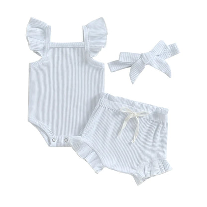 2023-04-12 Lioraitiin 0-18M Toddler Girls 3Pcs Summer Clothes Fly Sleeve Solid Romper Tops Drawstring Short Pants Headband