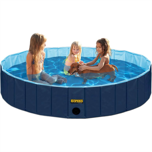 XL Foldable Outdoor Pet Swimming Pool Bathing Tub, Heavy-Duty PVC with Easy Drain (63 x 12 Inch)