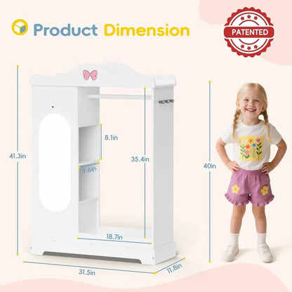 Children's Wardrobe with Drawers, Storage Shelves, and Full-Length Mirror for Girls' Rooms