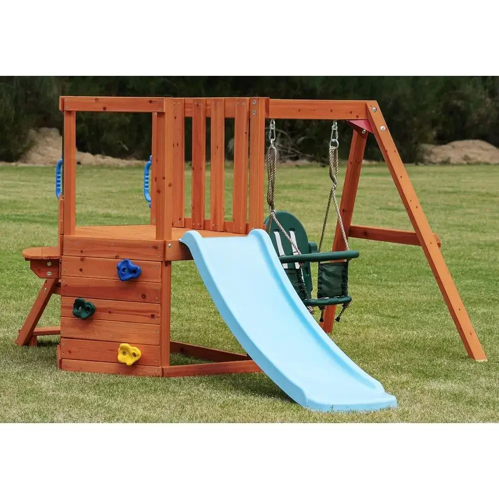 5-in-1 Toddler Swing Set: Outdoor Play Center with Swing, Slide, Climbing Wall, Table, and Blackboard for Ages 18 Months to 4 Ye