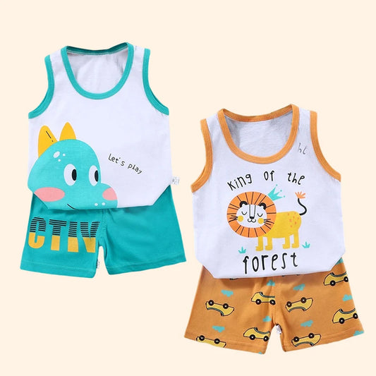 Kids Boys & Girls Summer 2-Piece Cotton Sleeveless T-Shirt & Shorts Outfit Set