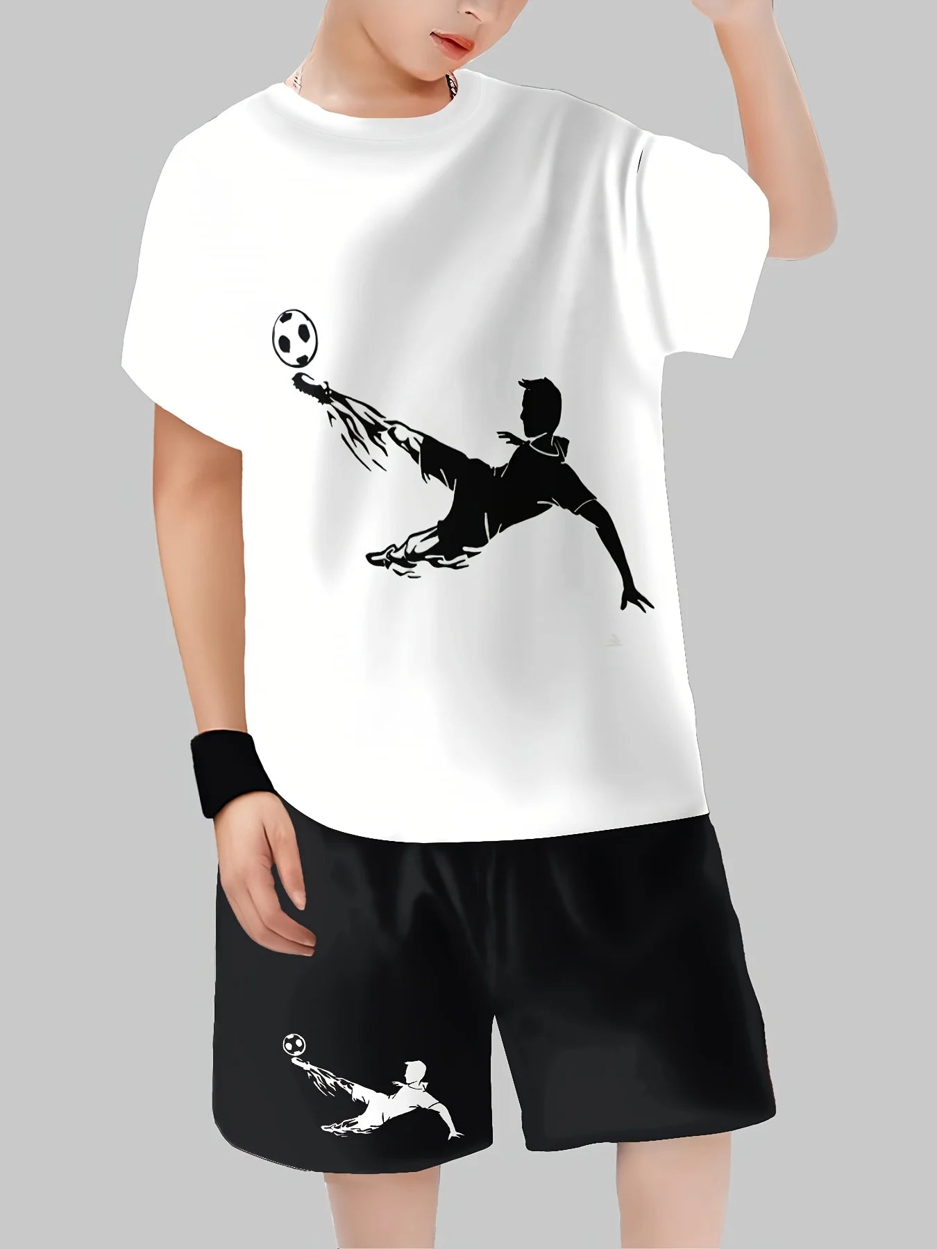 Boys Summer Casual Two-piece Football Sports Silhouette Design T-shirt Comfortable Breathable Fabric for Children's Daily Wear