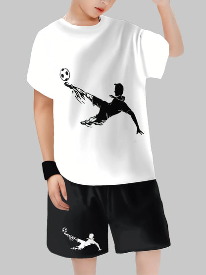 Boys Summer Casual Two-piece Football Sports Silhouette Design T-shirt Comfortable Breathable Fabric for Children's Daily Wear