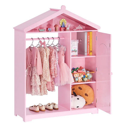 SucceBuy Kids Dress-Up Wardrobe with Mirror, Costume Organizer and Storage Closet for Girls