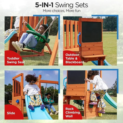 5-in-1 Toddler Swing Set: Outdoor Play Center with Swing, Slide, Climbing Wall, Table, and Blackboard for Ages 18 Months to 4 Ye