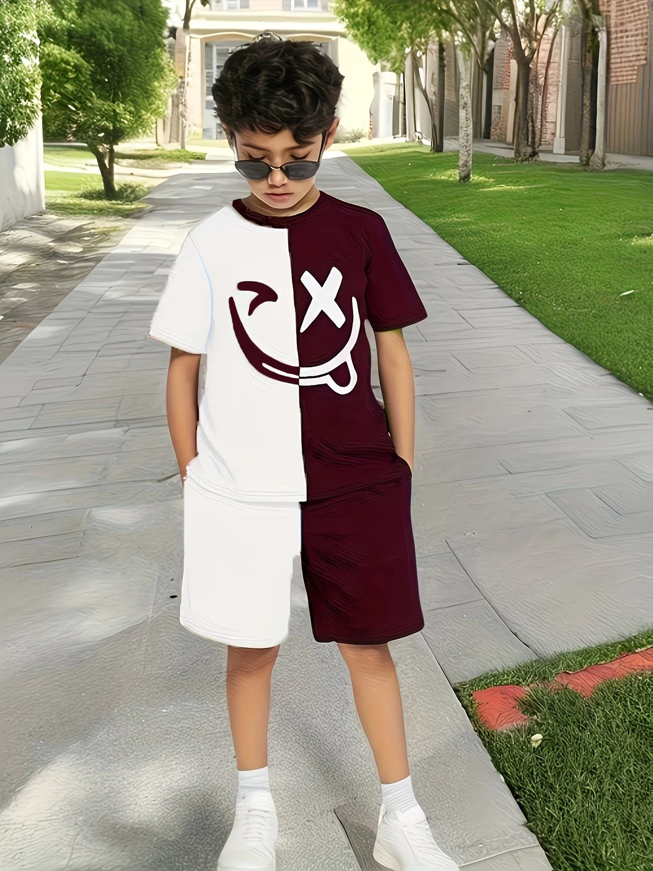 Boys 2Pcs Summer Outfit Smile Face Print Beige Black Color Block Casual Sportswear Kids Streetwear Tracksuit