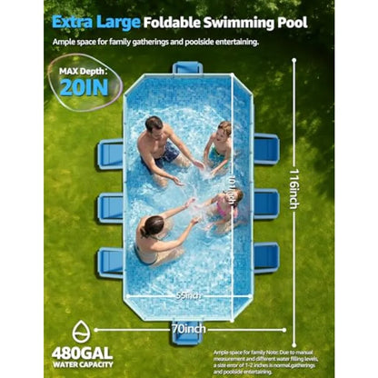 Foldable Pool for Kids & Adults with Metal Frame, Thickened PVC and PP Board Stable Support