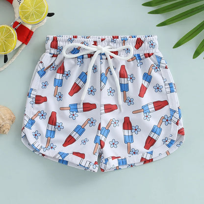 2025-02-26 Lioraitiin Toddler Boy 4th of July Swim Trunks with Drawstring Ice Cream Flower Print Baby Boy Shorts
