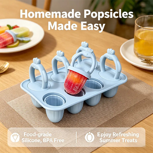 6-compartment silicone popsicle mold for babies, easy to grip, with anti-choking design, suitable for baby food preparation.