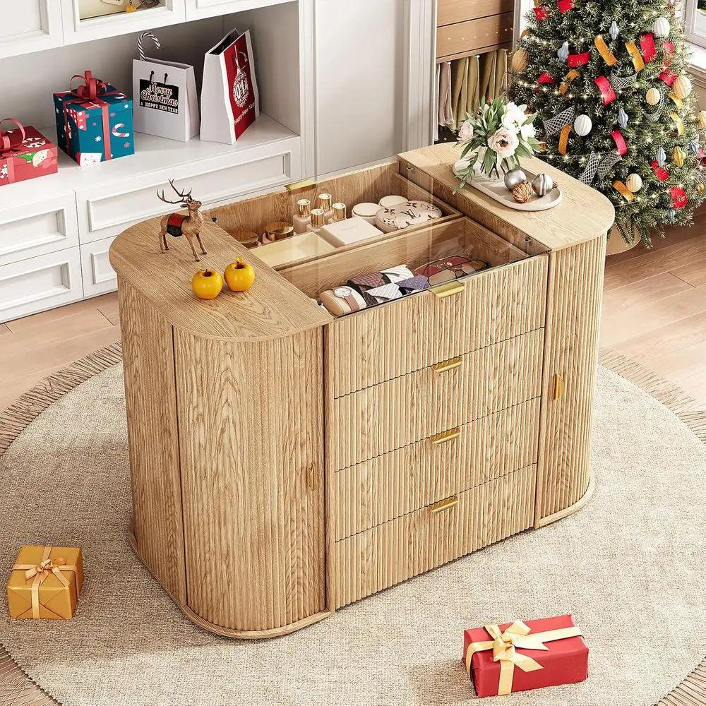 8-Drawer Island Wardrobe with Large Storage, Glass-Top Bedroom Armoire, Natural Freestanding Closet