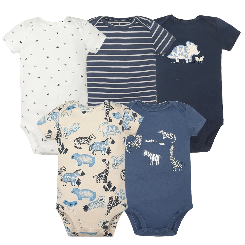 5-Piece Unisex Baby Bodysuit Set, Short Sleeve Cartoon Jumpsuits for Newborn Infants