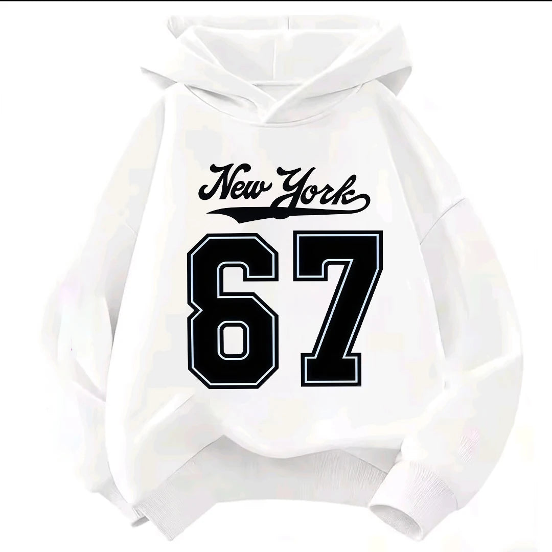 Children Hooded Sweatshirt New York Cursive & 67 Outline Number Print Loose Fit Kids Hoodie for 2-12 Years Boys Girls Tops
