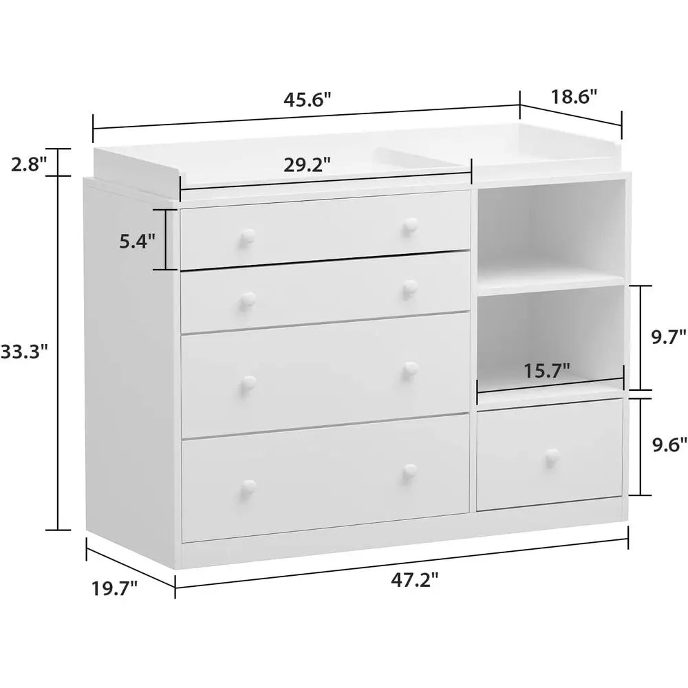White 5-Drawer Bedroom Dresser with Storage Shelves for Nursery and Kids Organization