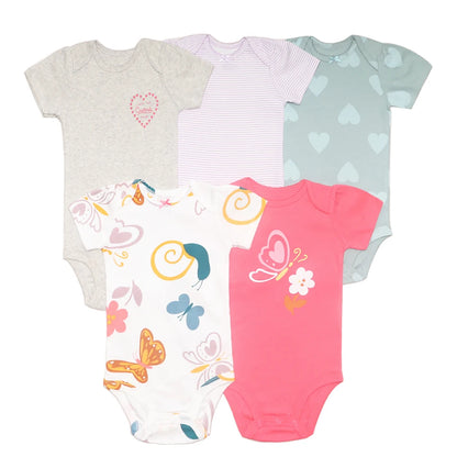 5-Piece Unisex Baby Bodysuit Set, Short Sleeve Cartoon Jumpsuits for Newborn Infants