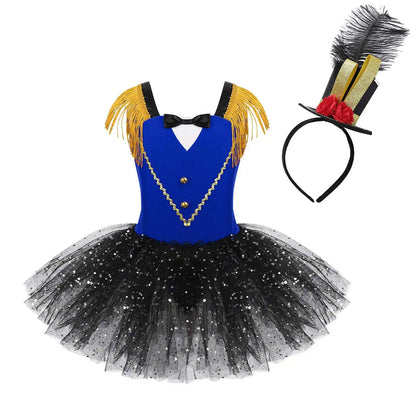 Girls Halloween Circus Ringmaster Costume Dancewear Sequins Mesh Tutu Gymnastics Leotard Dance Dress for Carnival Dress Up