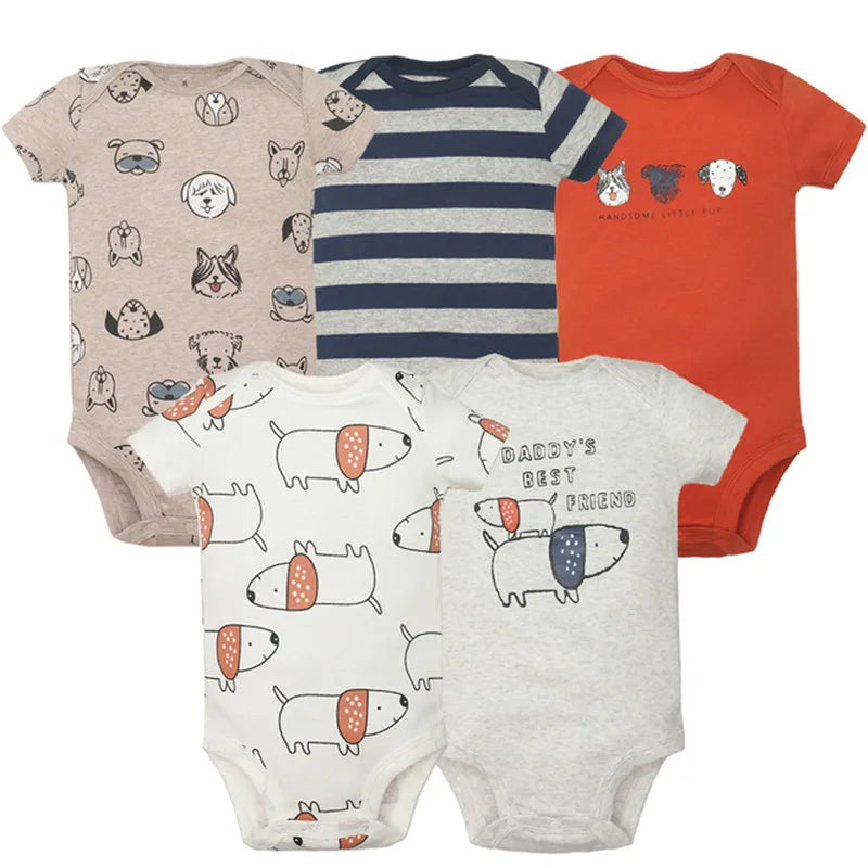 5-Piece Unisex Baby Bodysuit Set, Short Sleeve Cartoon Jumpsuits for Newborn Infants